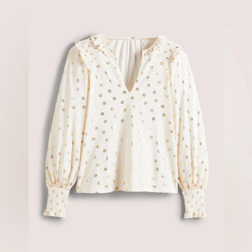Boden Long Sleeve Smocked Balloon Sleeve Frilled Ruffle Gold Foil Peasant Top S - Picture 9 of 9